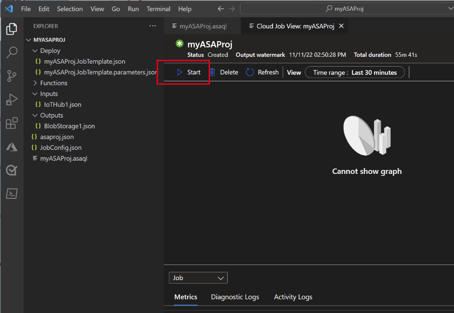 Cuplikan layar yang menampilkan tombol Mulai pekerjaan di halaman Tampilan cloud