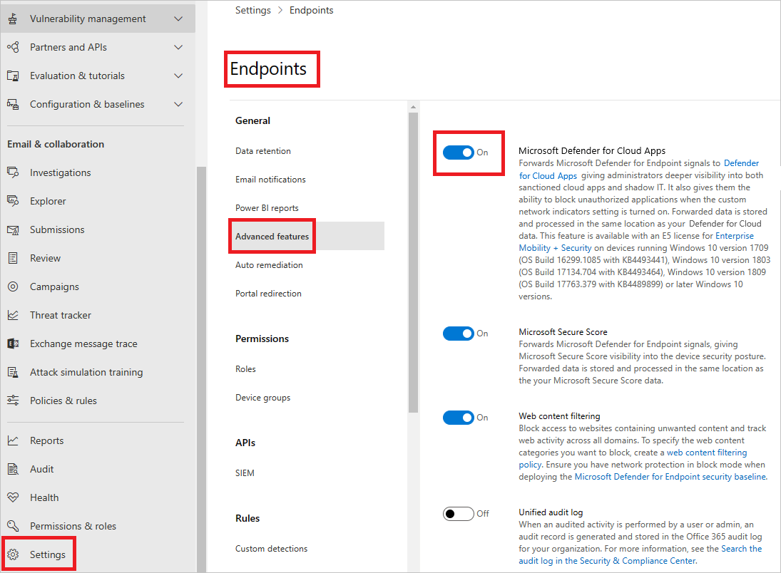 Defender for Endpoint settings.