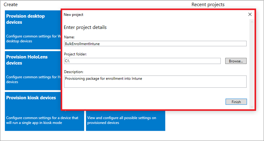 Screenshot of specifying name, project folder, and description in the Windows Configuration Designer app