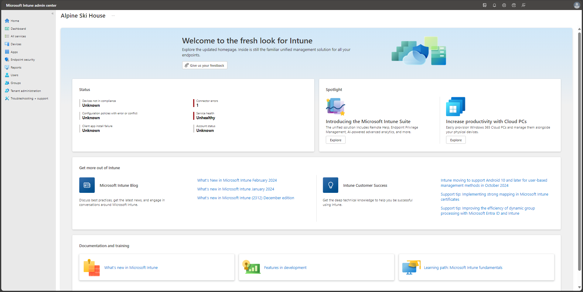 Screenshot of the Microsoft Intune admin center - Home page.