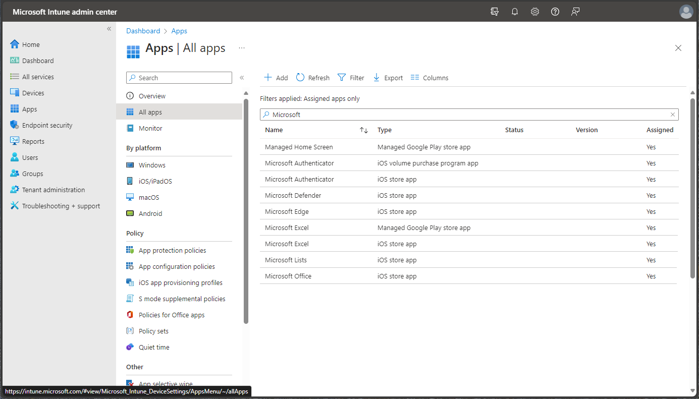 Screenshot of the Microsoft Intune admin center - All apps.