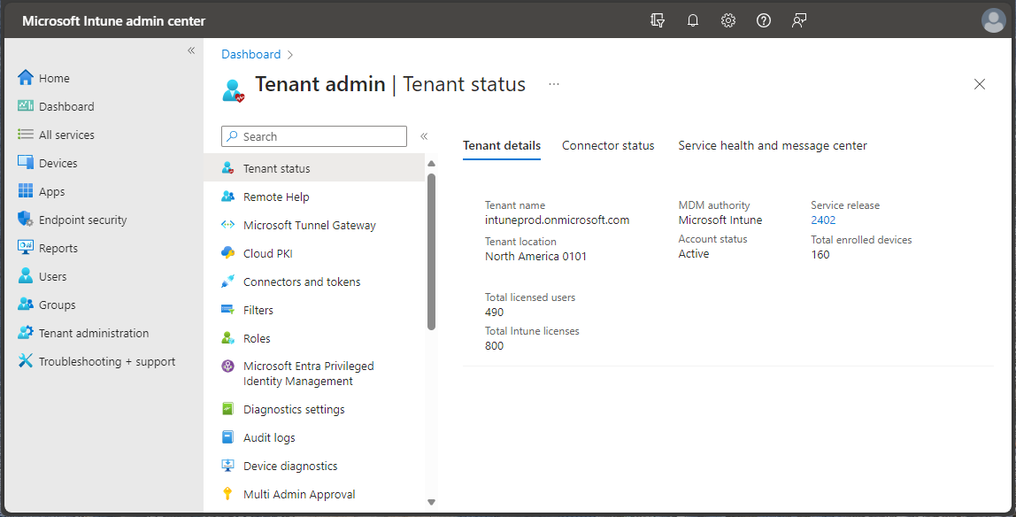 Screenshot of the Microsoft Intune admin center - Tenant status.