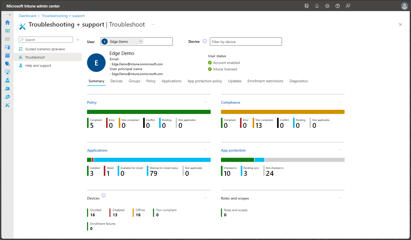 Screenshot of the Microsoft Intune admin center - Troubleshoot.