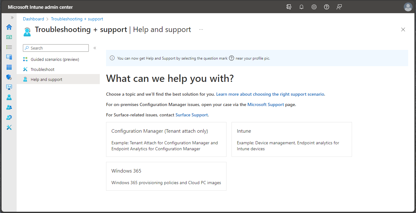 Screenshot of the Microsoft Intune admin center - Help and support.
