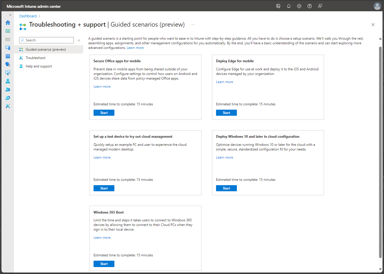 Screenshot of the Microsoft Intune admin center - Guided scenarios.
