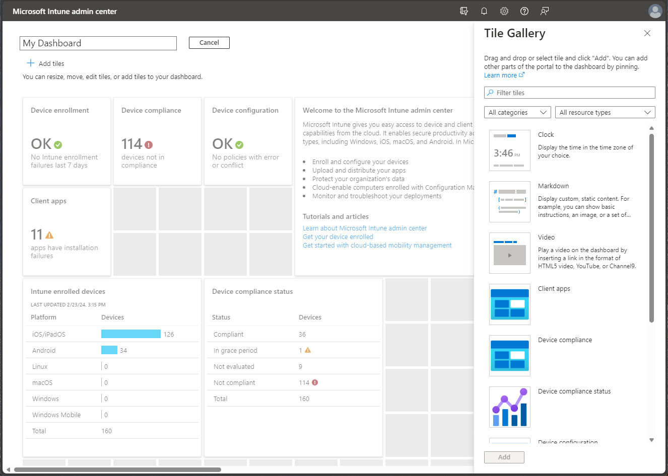 Screenshot of the Microsoft Intune admin center - Update dashboard.