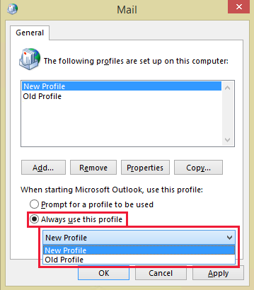Creating a new Outlook profile.