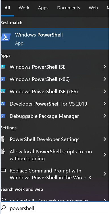 Cuplikan layar yang menunjukkan PowerShell diluncurkan dari Windows.