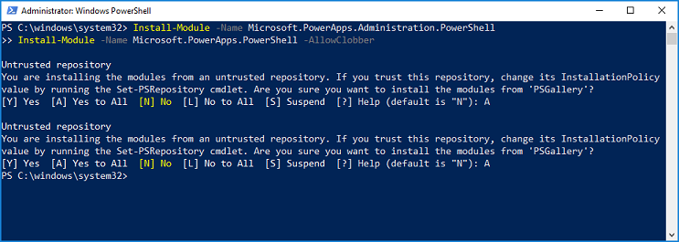 Cuplikan layar yang memperlihatkan tempat untuk menerima nilai InstallationPolicy di PowerShell.