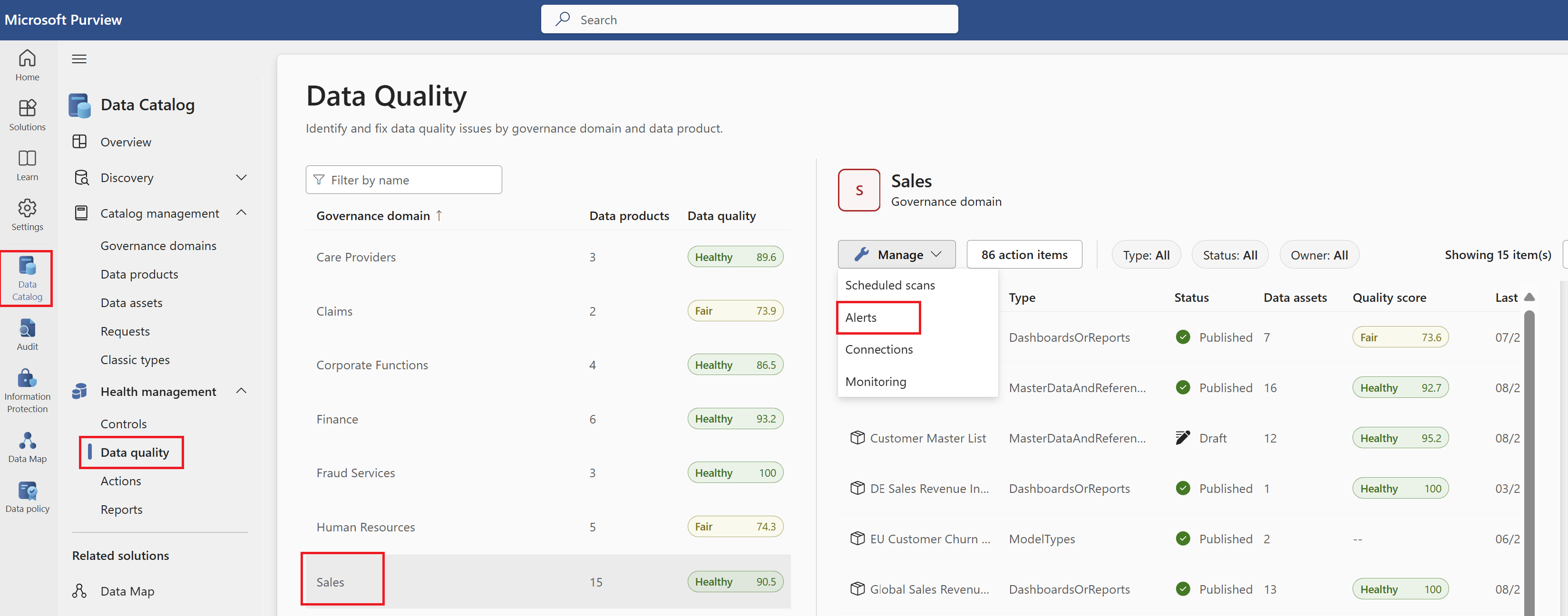 Screenshot of navigating from the data quality page, through a business domain, to the alerts page.