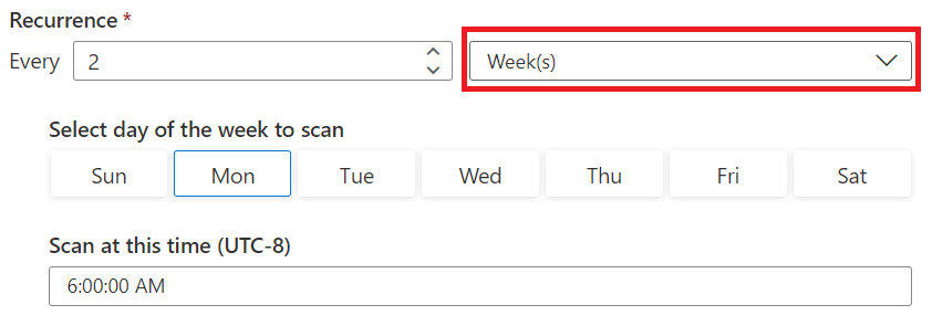 Screenshot of the Edit refresh page recurrence options, showing a weekly recurrence set.