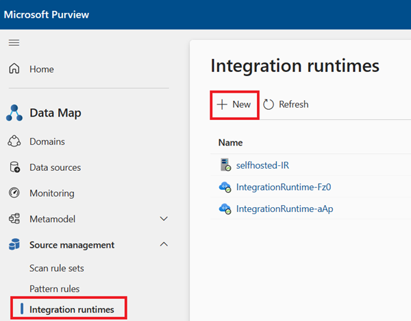 Screenshot of the integration runtimes window in the Microsoft Purview Data Map.