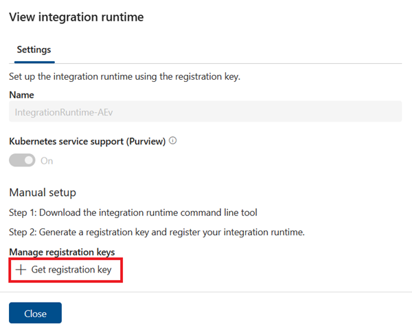 Screenshot of the view integration runtime page with the Get registration key button highlighted.