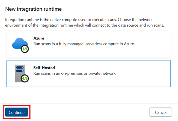 Screenshot of the new integration runtime window, with self-hosted selected.