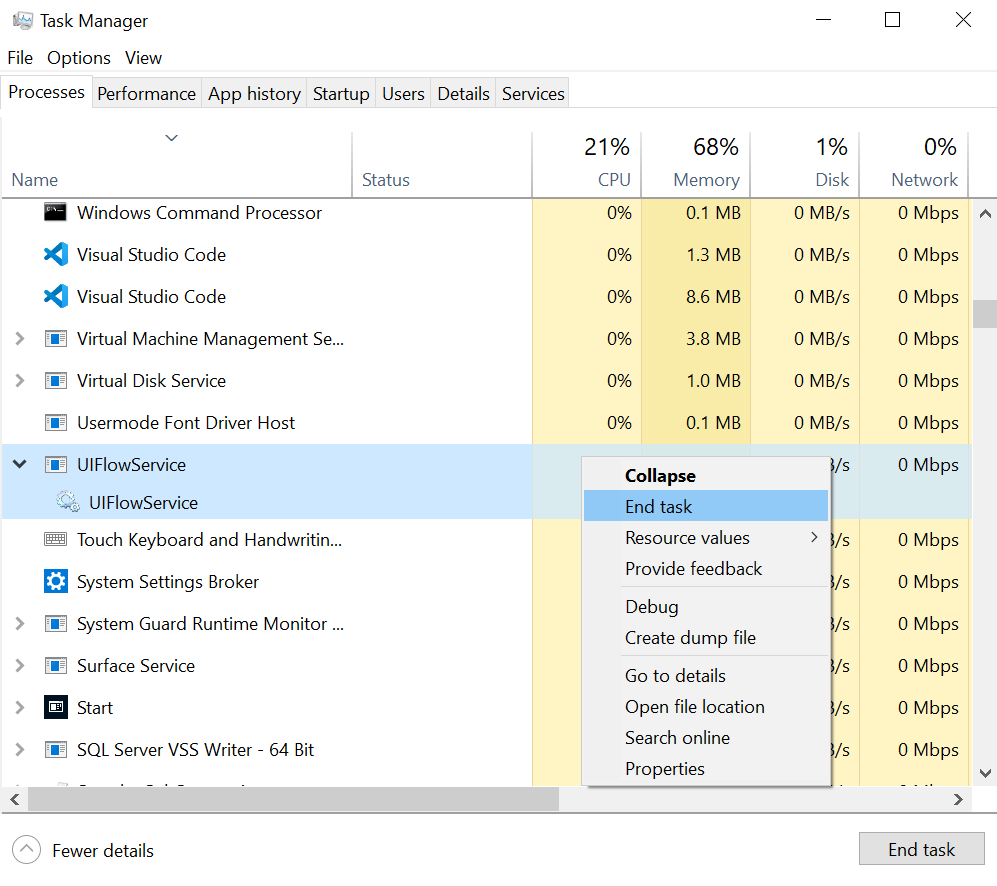 Screenshot to end the U I flow service process under the Process tab of task manager.