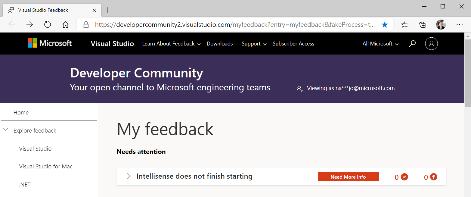 Cuplikan layar halaman Beranda jendela Umpan Balik Visual Studio. Satu item umpan balik dicantumkan, dan ditandai dengan label 