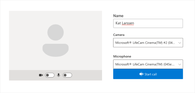Cuplikan layar yang menampilkan layar pra-panggilan dari aplikasi contoh.