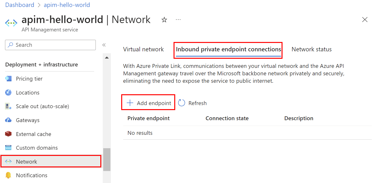 Cuplikan layar memperlihatkan cara menambahkan titik akhir privat menggunakan portal Azure.