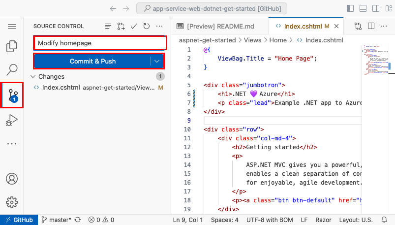 Cuplikan layar Visual Studio Code di browser, panel Kontrol Versi dengan pesan komit 'Kami menyukai Azure' dan tombol Commit dan Push disorot.