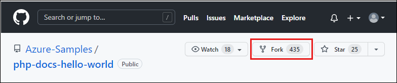 Cuplikan layar repositori Azure Samples di GitHub, dengan opsi Fork disorot.