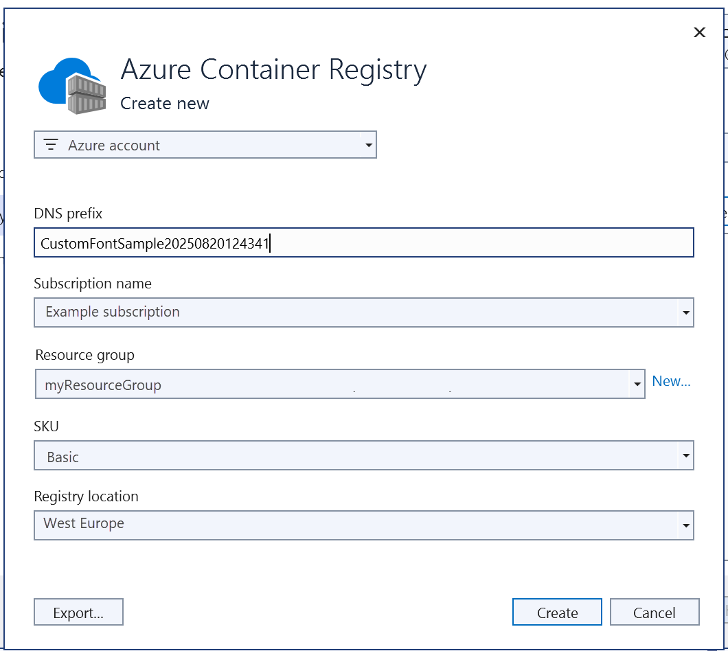 Cuplikan layar jendela Azure Container Registry.