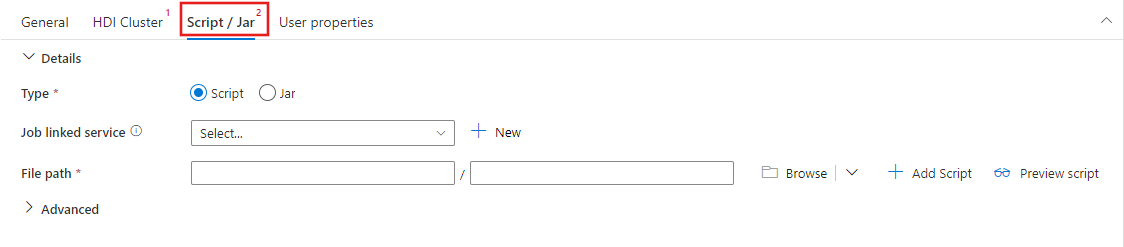 Menampilkan UI untuk tab Skrip/Jar untuk aktivitas Spark.