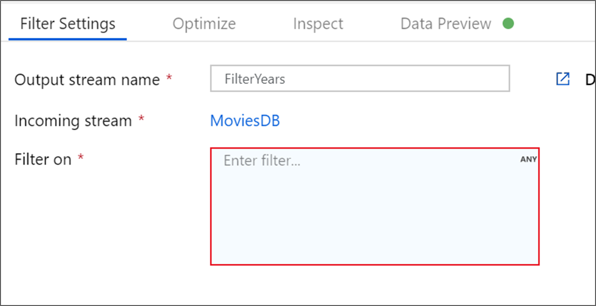 Cuplikan layar yang memperlihatkan kotak Filter pada ekspresi.