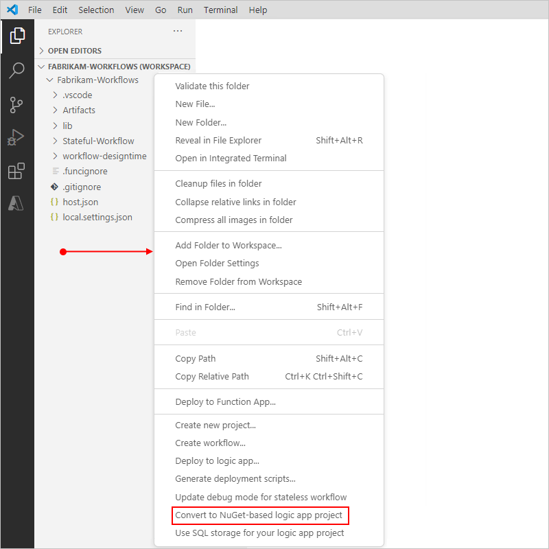 Cuplikan layar memperlihatkan panel Explorer dengan menu pintasan proyek dibuka dari area kosong di bawah proyek.