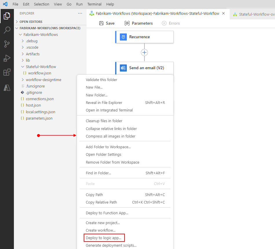 Cuplikan layar memperlihatkan panel Explorer, menu pintasan yang dibuka di area kosong di bawah proyek, dan opsi yang dipilih untuk Deploy ke logic app.