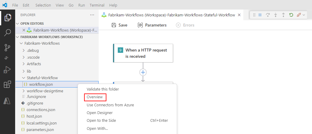 Cuplikan layar memperlihatkan panel Explorer, workflow.json menu pintasan file dengan opsi yang dipilih, Gambaran Umum.