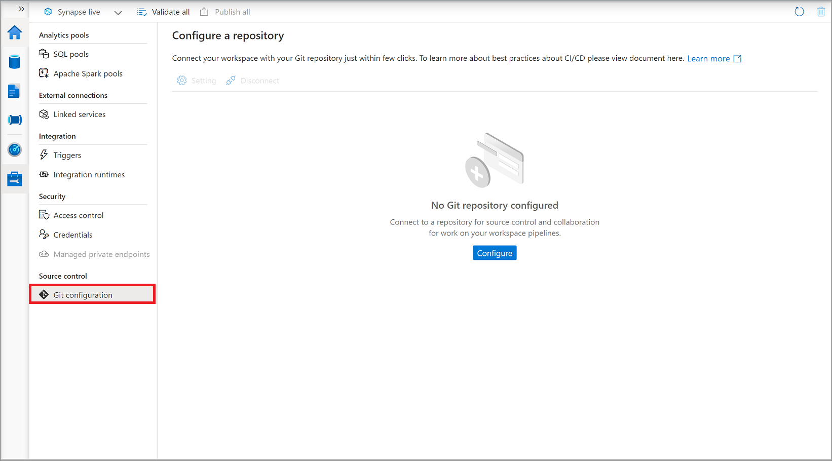 Mengonfigurasikan pengaturan repositori kode dari hub manajemen