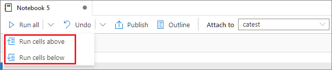 Cuplikan layar perintah untuk menjalankan sel di atas dan di bawah sel saat ini di notebook Synapse.