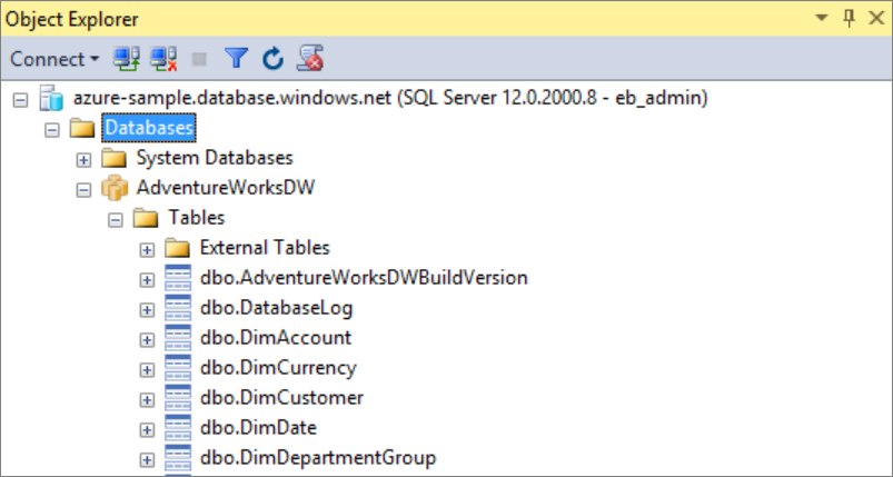 Cuplikan layar yang memperlihatkan jendela Object Explorer.
