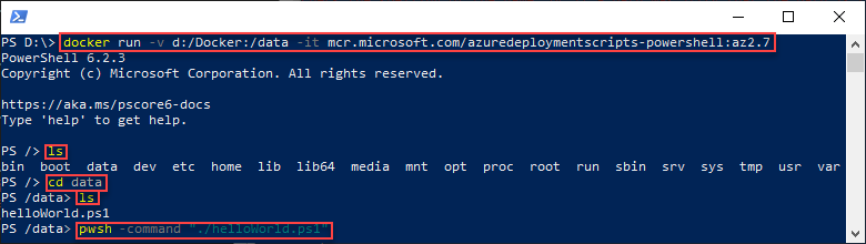 Cuplikan layar skrip penyebaran templat Resource Manager menggunakan perintah Docker.