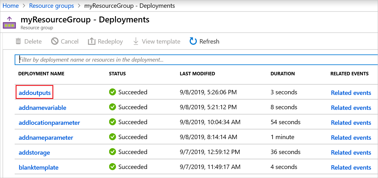 Cuplikan layar portal Microsoft Azure memperlihatkan riwayat penyebaran.