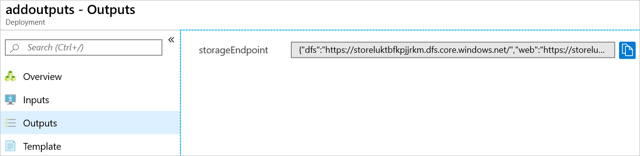 Cuplikan layar portal Microsoft Azure memperlihatkan output penyebaran.
