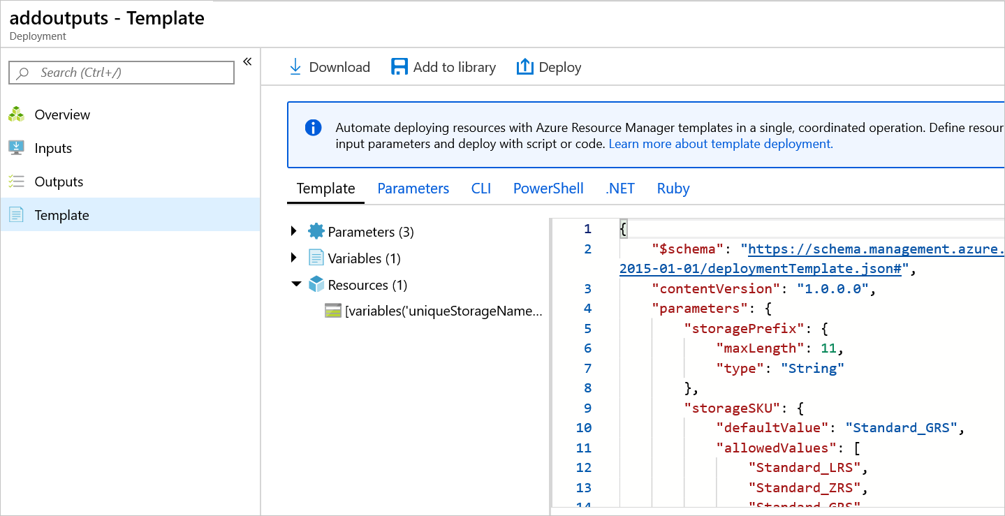 Cuplikan layar portal Microsoft Azure memperlihatkan templat penyebaran.