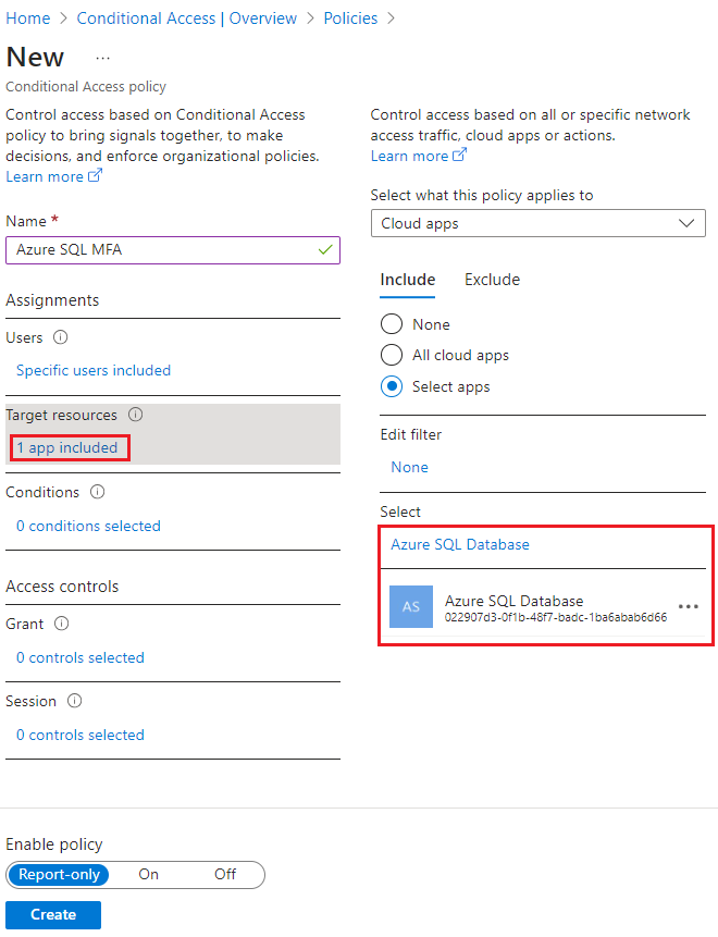 Cuplikan layar Azure SQL Database yang ditetapkan sebagai sumber daya target di portal Azure.