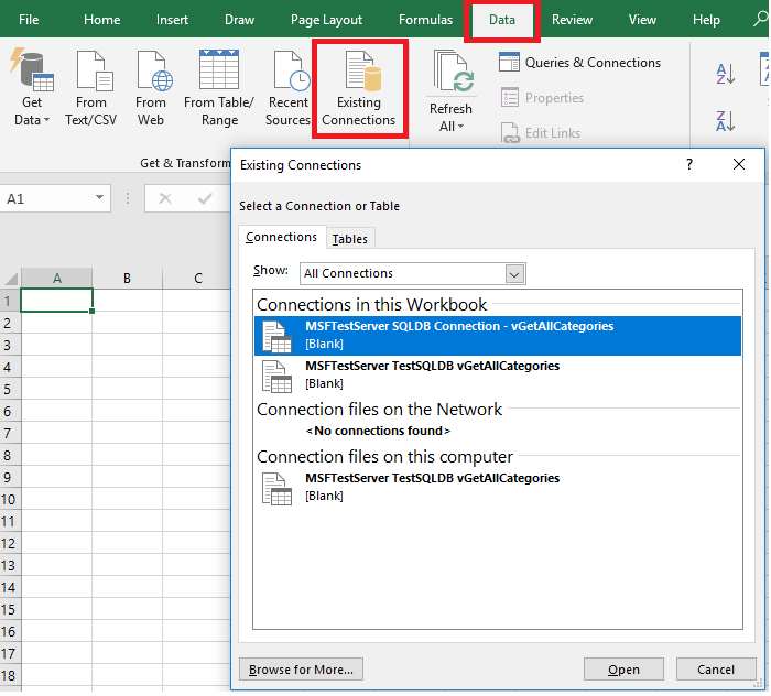 Cuplikan layar dari Microsoft Excel dari koneksi yang sudah ada.