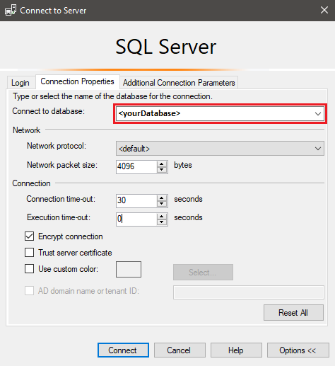 Cuplikan layar tab opsi kotak dialog sambungkan ke server di SQL Server Management Studio (SSMS).