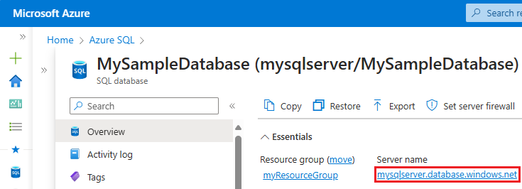 Cuplikan layar untuk membuka server untuk database tunggal di portal Azure.
