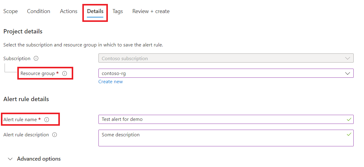 Cuplikan layar halaman portal Azure tempat Anda menentukan detail pemberitahuan.