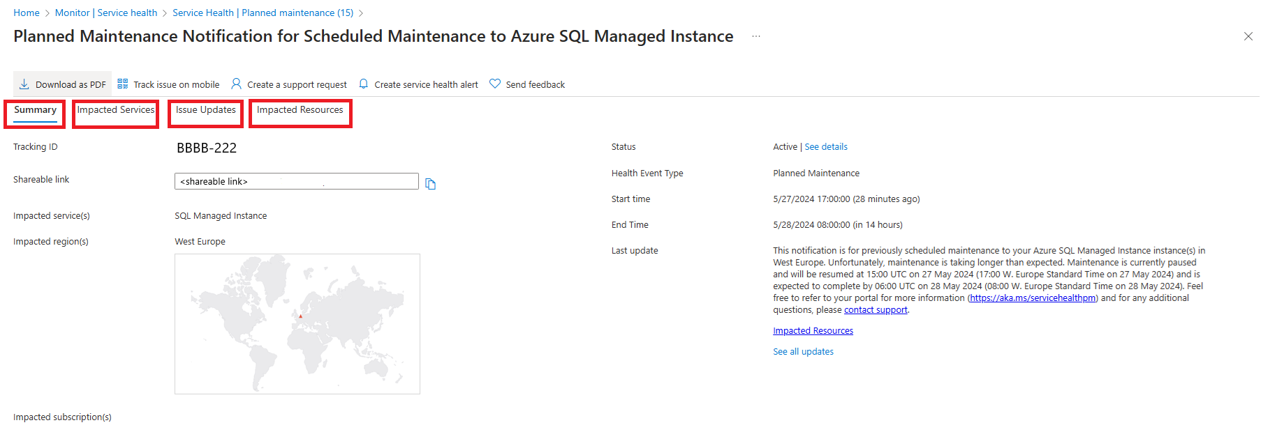 Cuplikan layar halaman Azure Monitor Service Health dengan peristiwa pemeliharaan tunggal yang dibuka berisi detail peristiwa lengkap.
