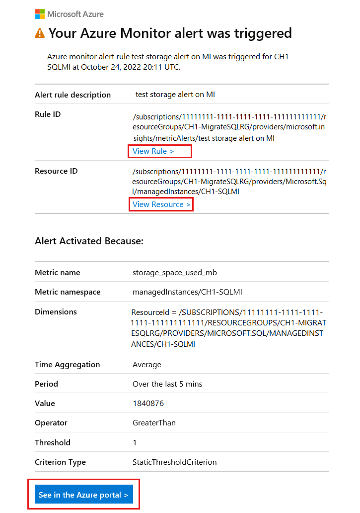 Cuplikan layar contoh email yang dikirim saat pemberitahuan dipicu.