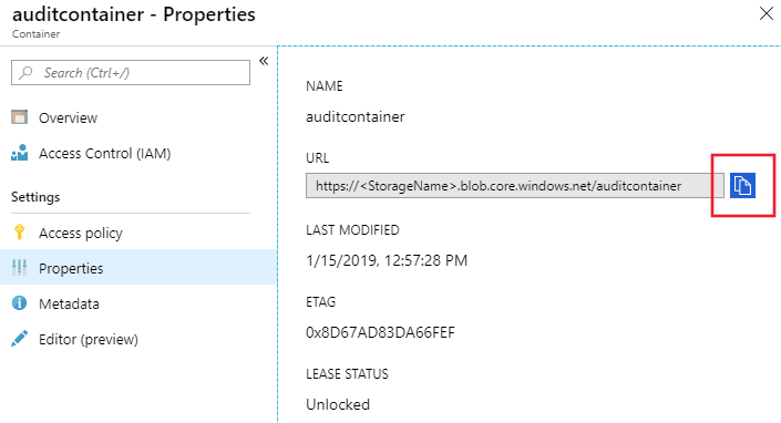 Cuplikan layar memperlihatkan URL salinan kontainer Blob.