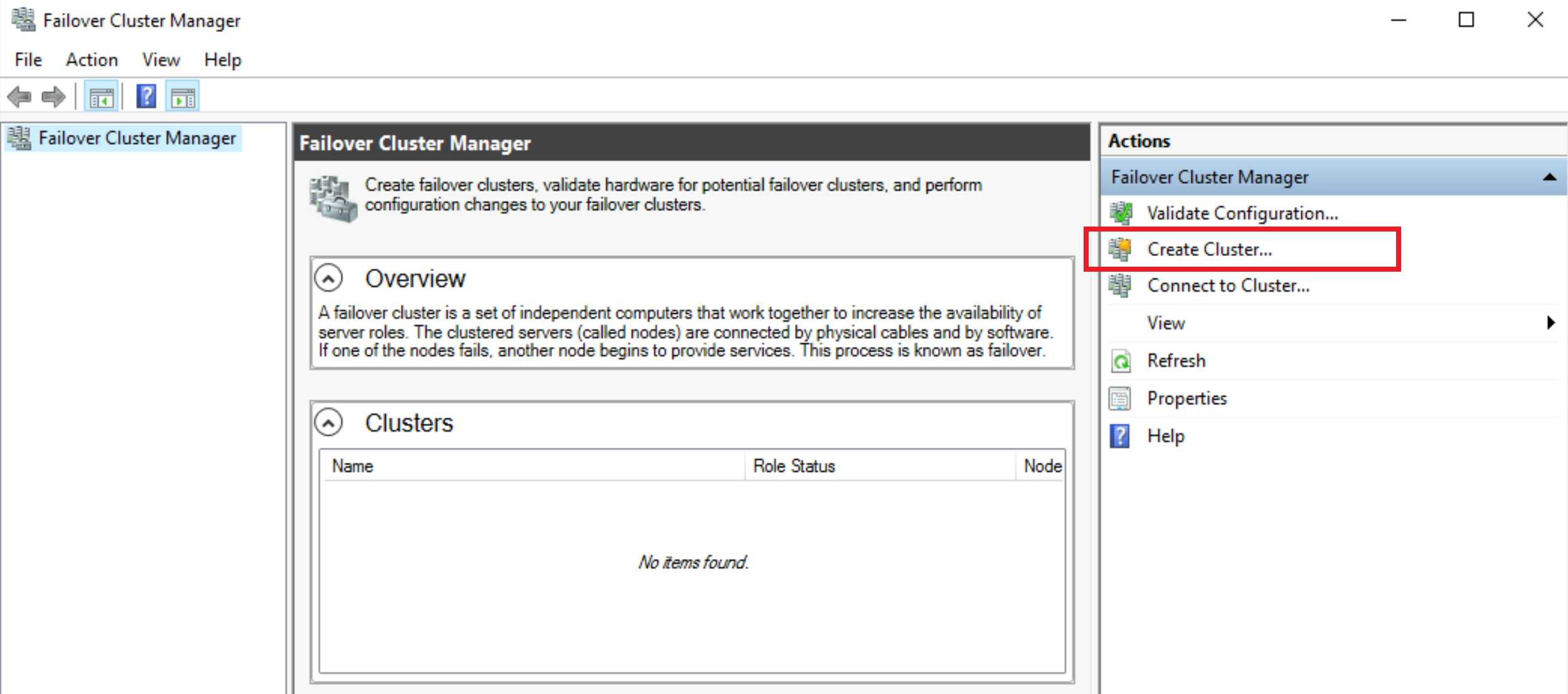 Cuplikan layar mengakses opsi buat kluster.