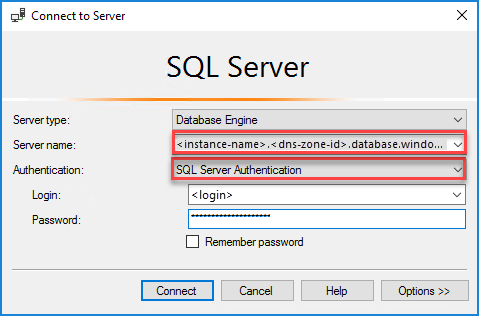 Cuplikan layar memperlihatkan cara menyambungkan ke instans terkelola SQL Anda di SSMS.