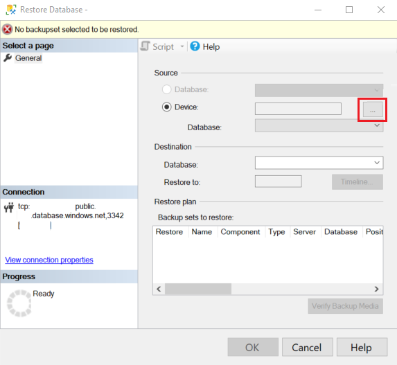 Cuplikan layar halaman di wizard **Pulihkan**. Di bagian Sumber, Perangkat dipilih, dan elipsis ditunjukkan.