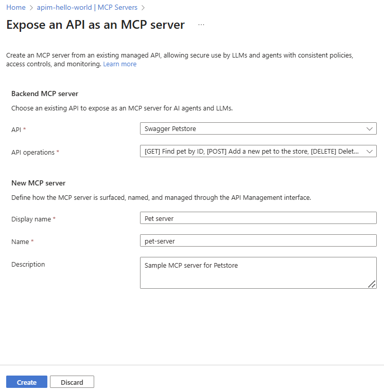 Cuplikan layar pembuatan server MCP di portal.