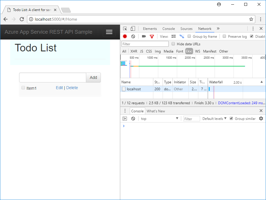 Cuplikan layar yang memperlihatkan dukungan CORS di klien browser.